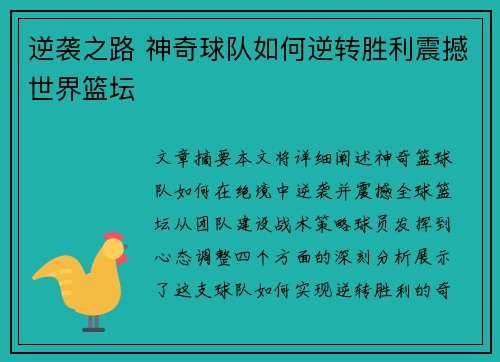 逆袭之路 神奇球队如何逆转胜利震撼世界篮坛