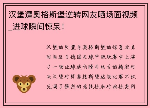 汉堡遭奥格斯堡逆转网友晒场面视频_进球瞬间惊呆!