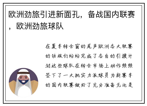 欧洲劲旅引进新面孔，备战国内联赛，欧洲劲旅球队