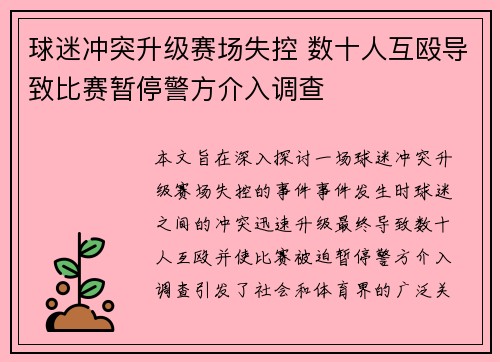 球迷冲突升级赛场失控 数十人互殴导致比赛暂停警方介入调查